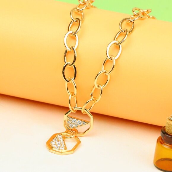 "Rose Gold Chunky Chain Necklace with Crystal Geometric Charms, XPNL1889 - Picture 11 of 12